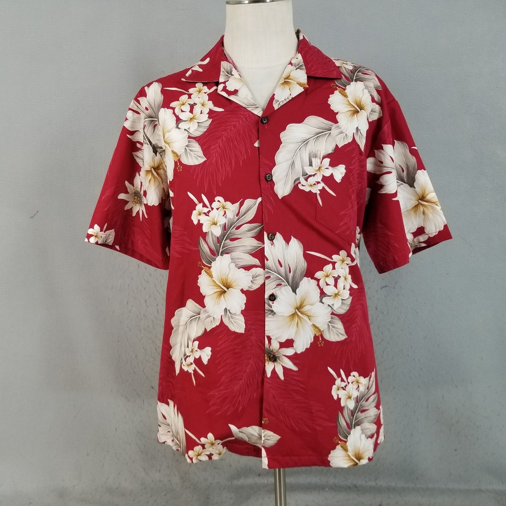 Pacific Legend Shirt Mens L Red Hibiscus Floral Aloha Hawaiian Cotton USA